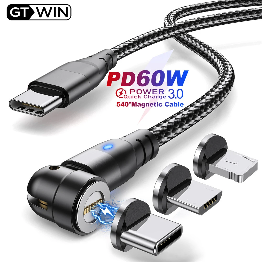 Cable magnético GTWIN de 60W PD, Cable de carga rápida tipo C a tipo C, carga rápida QC3.0 para iphone, Cable de carga de datos para MacBook Pro