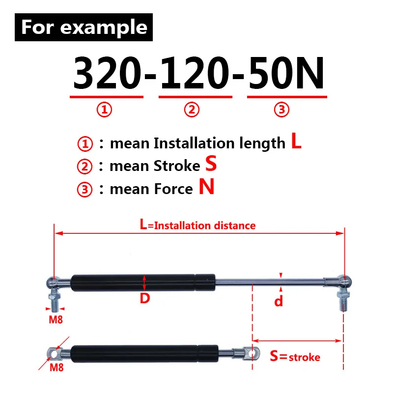Bisagra plegable con resorte de Gas, varilla de 18x8, 50N-500N/5kg-50kg, soporte de elevación de fuerza, distancia de carrera de 120mm, distancia central del orificio de 320mm - imagen 4