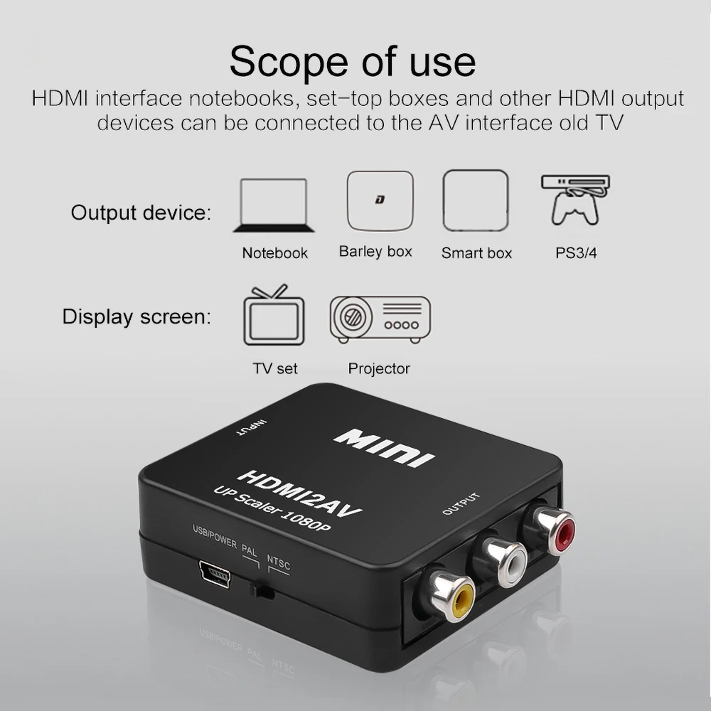 VAORLO-adaptador HDMI compatible con AV RCA CVBS, convertidor de vídeo 1080P HD Mini HDMI2AV PAL NTSC Switch para TV Box PC proyector DVD - imagen 5