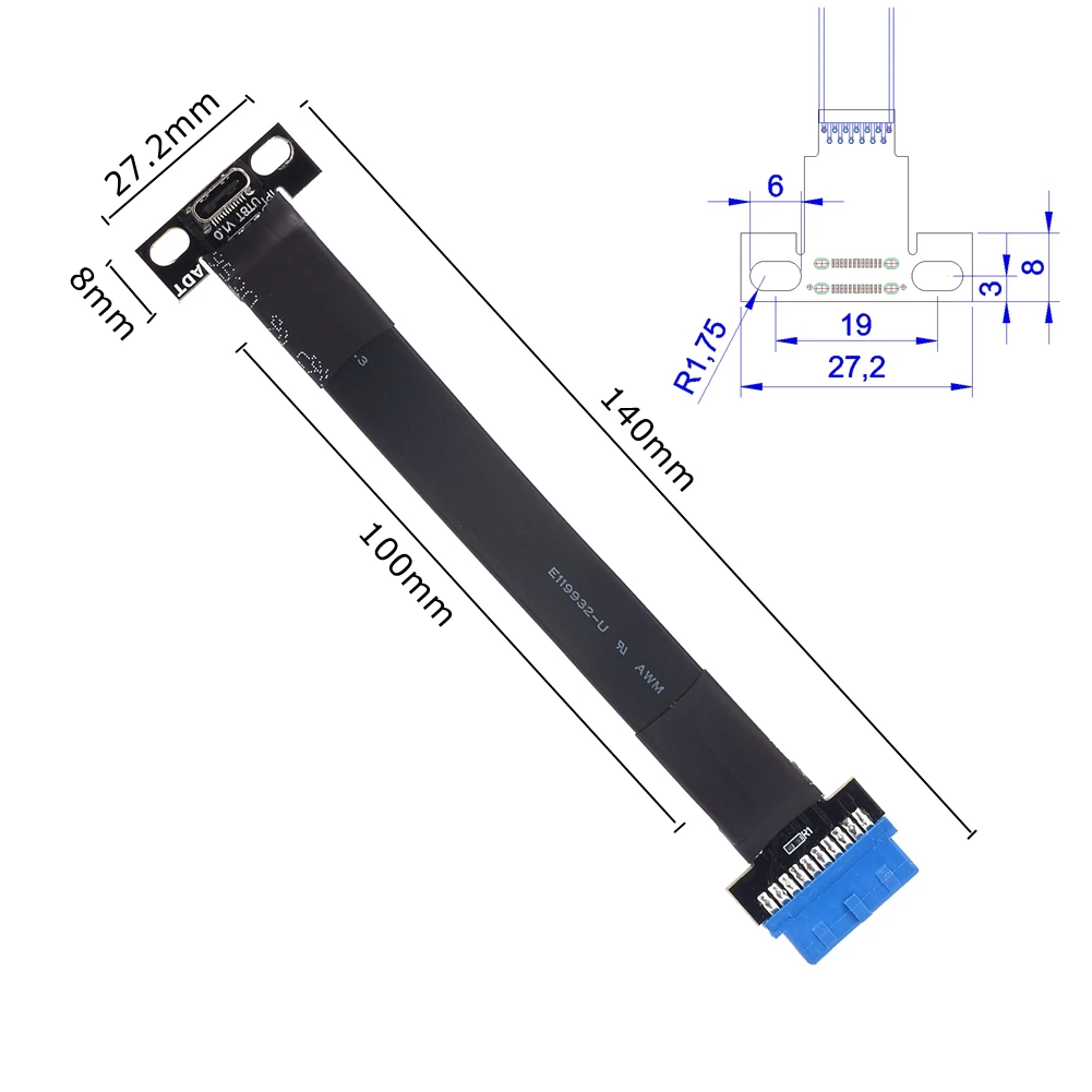 Cable de extensión plano USB 3,0 interno de 19 pines/20 pines a tipo C macho a hembra, codo aéreo FPV con soporte deflector PCI para ITX A4 - imagen 4