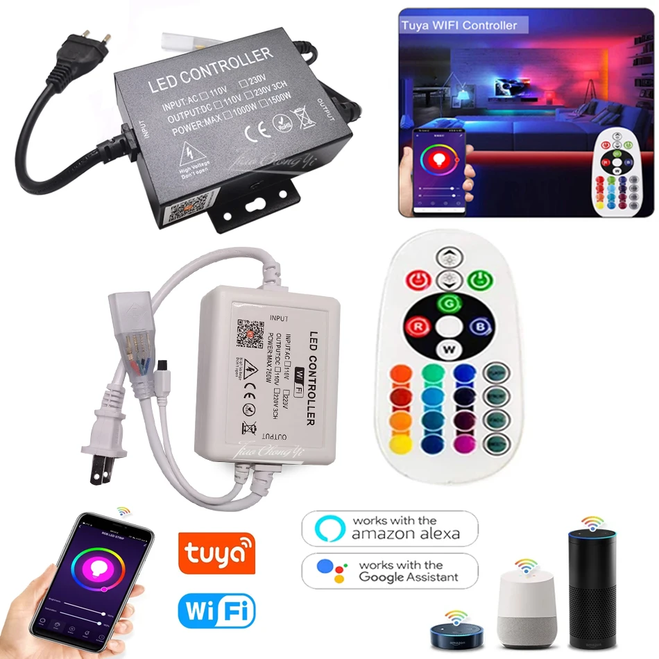Controlador LED AC110V-220V Tuya con aplicación WiFi, control remoto IR de 24 teclas para tira de luces LED de neón 5050 RGB, enchufe europeo y estadounidense