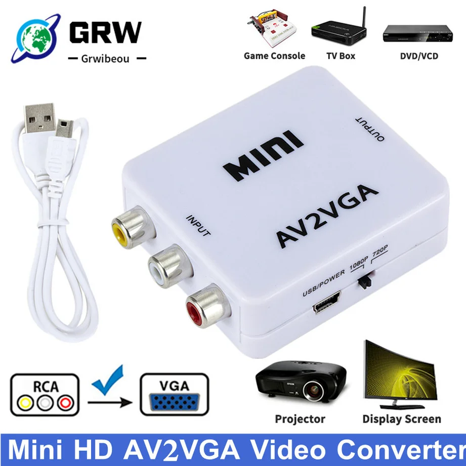 GRWIBEOU Mini Convertidor Vídeo RCA AV VGA Convertidor Audio 1080mm AV2VGA CVBS Audio HDTV PC 3.5 P - Vista principal del producto
