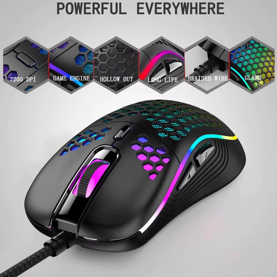 Ratón Gaming RGB Ergonómico Panal de Abeja 7200 DPI Cable Tejido - imagen 2