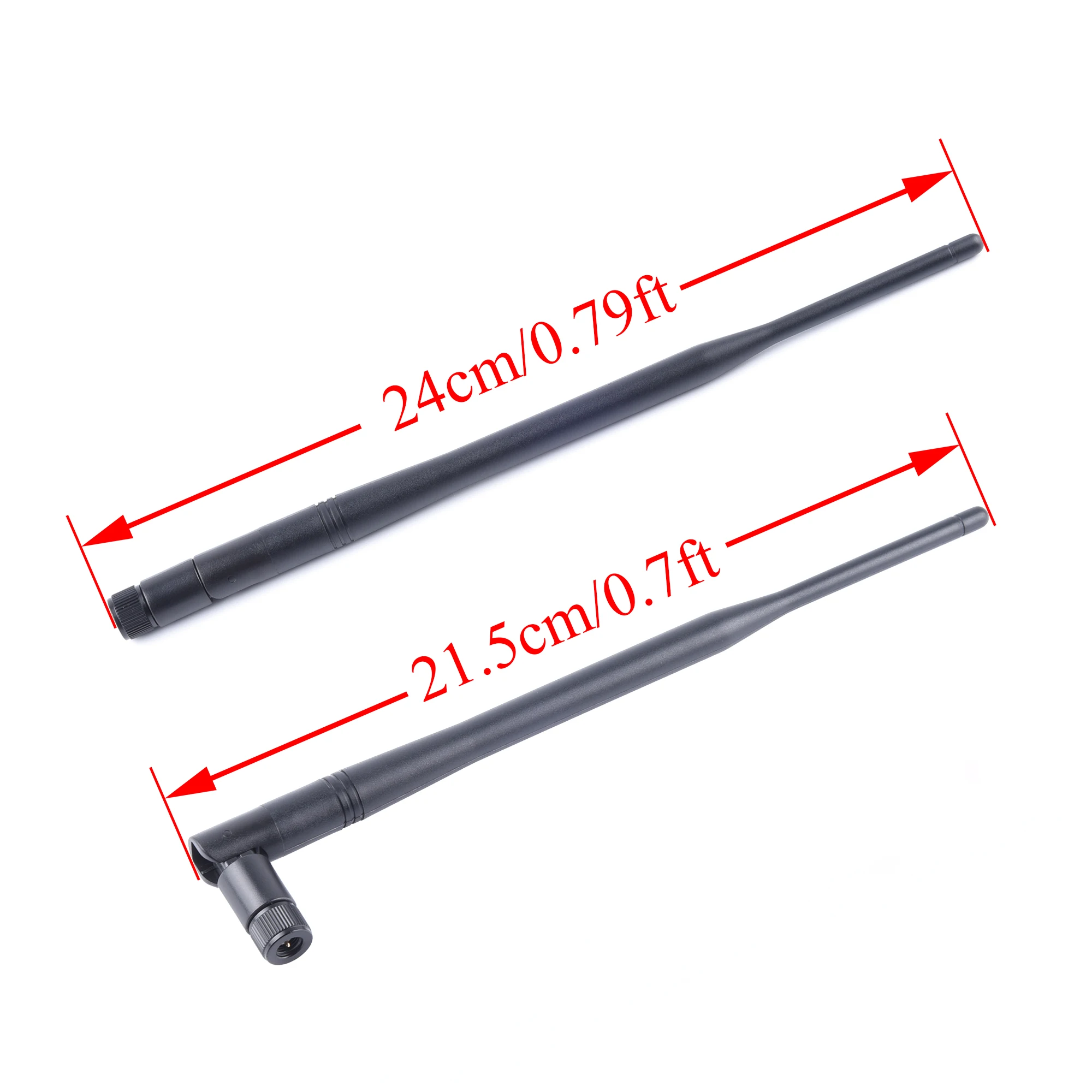 Se muestra una antena negra con una regla que mide 24 cm y 21