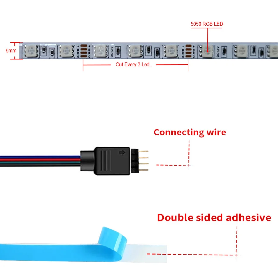 Tira de luces LED 5050 RGB DC12V 60LEDs/m de 6mm de ancho, tira de luz RGB Flexible de ahorro de energía para fondo de TV, pared interior, Hotel, 1-5m - imagen 4