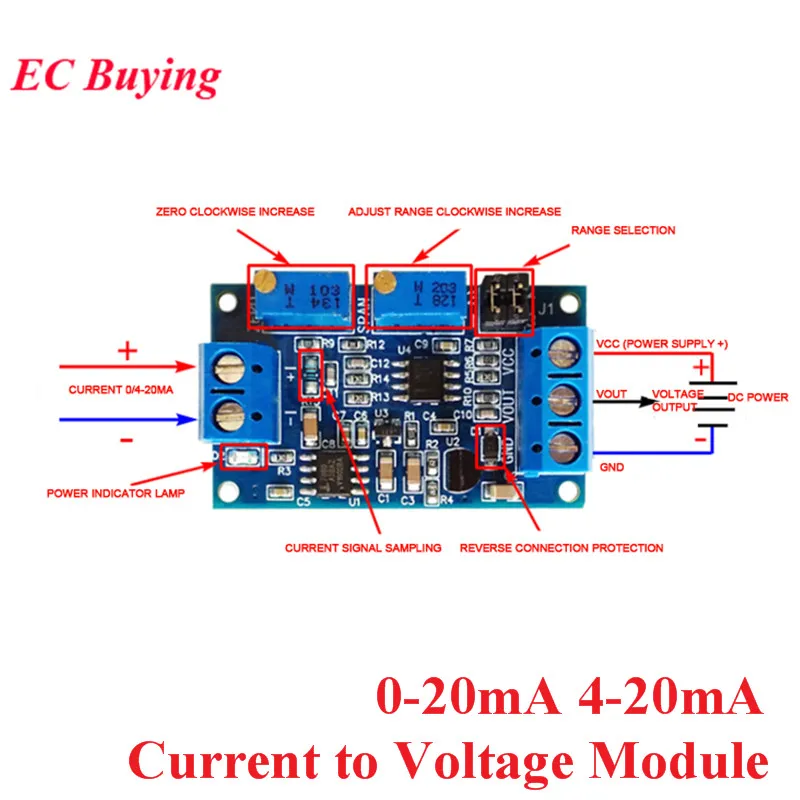 5 uds/1 unidad 0 a 20mA/40mA a 0-3,3 V 0-5V 0-10V convertidor de corriente a voltaje módulo de conversión de señal 0-20mA 4-20mA transmisor de I/V