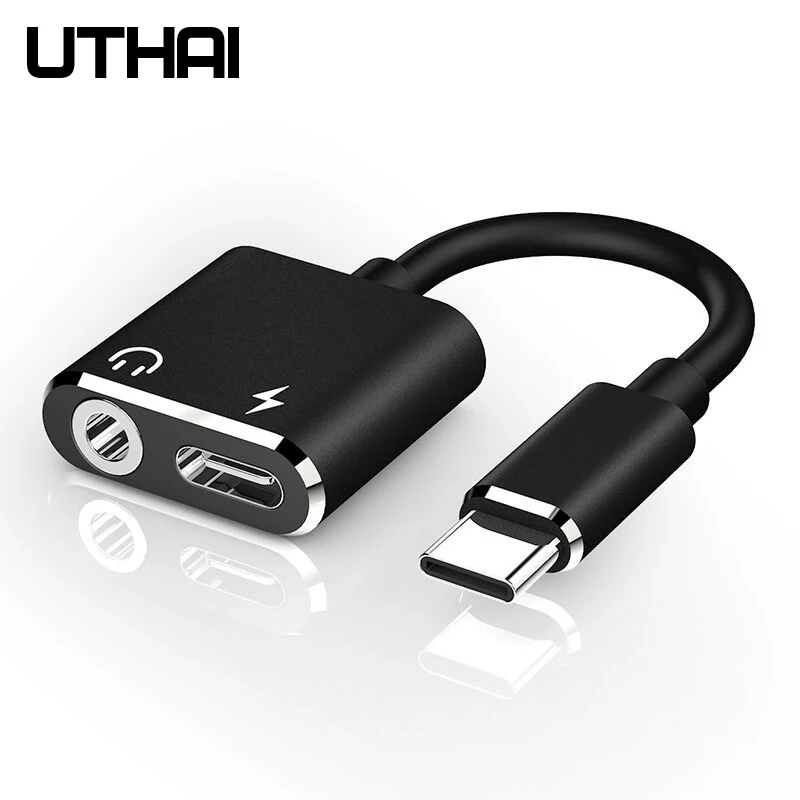 UTHAI T11 Adaptador de Audio tipo C a 3,5mm, convertidor 2 en 1 para carga de Cable USB C