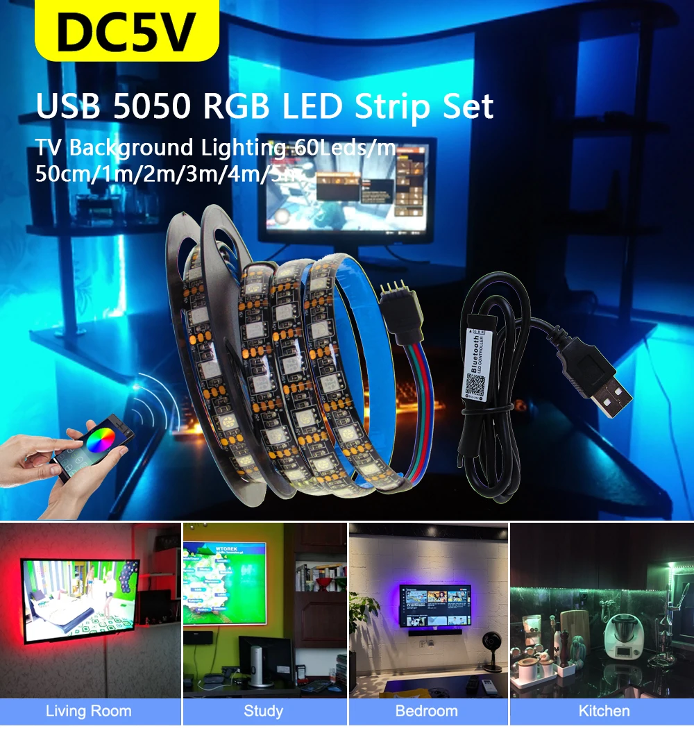 Tira de luces LED USB con mando a distancia, cinta de luz RGB de 5 V, resistente al agua, PCB negro 5050, 50CM- 5M, 5 V - imagen 4