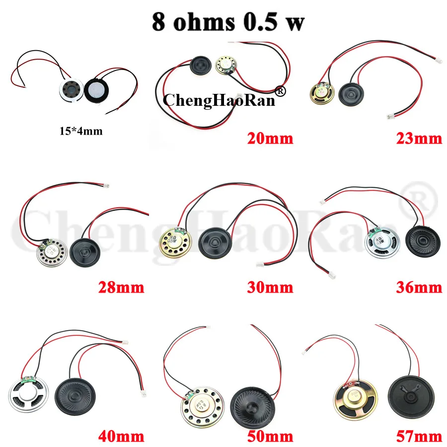 Altavoz redondo ultrafino de 2 piezas, 8 ohmios, 0,5 W, 0,5 W, 8R, diámetro de 20, 23, 28, 30, 40, 50MM, 5CM de espesor, cable Terminal PH2.0
