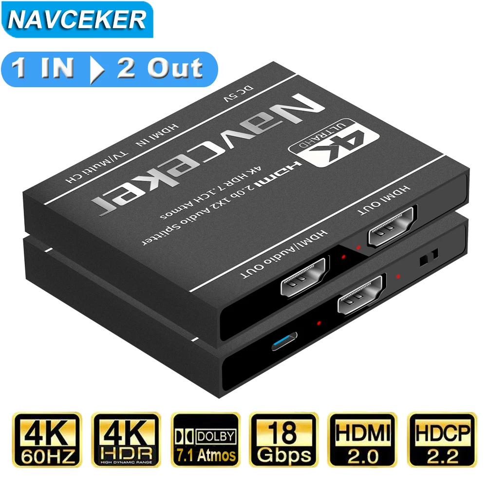 Pro AV 4K HDMI Splitter 1 en 2 adaptador de salida Extractor de Audio HDMI 1x2 Monitor Dual Full HD 1 a 2 amplificador para HDTV DVD PS5 Xbox - imagen 2