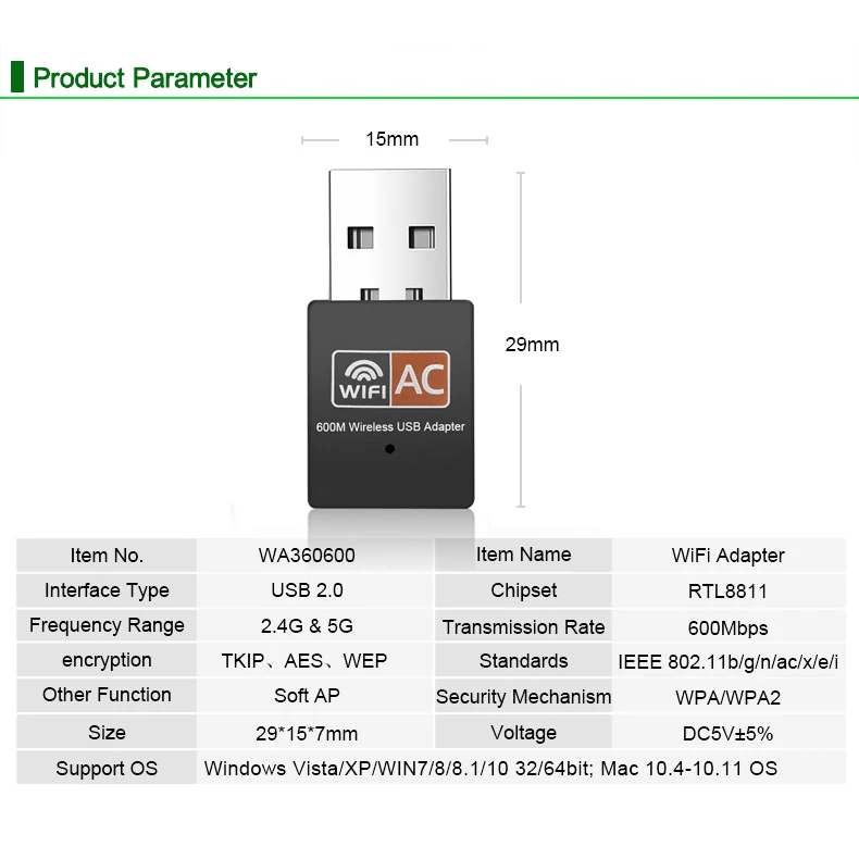 Adaptador WiFi USB inalámbrico de 600Mbps, Dongle, tarjeta de red para PC, banda Dual, adaptador de 5 Ghz, Lan, USB, receptor Ethernet - imagen 3