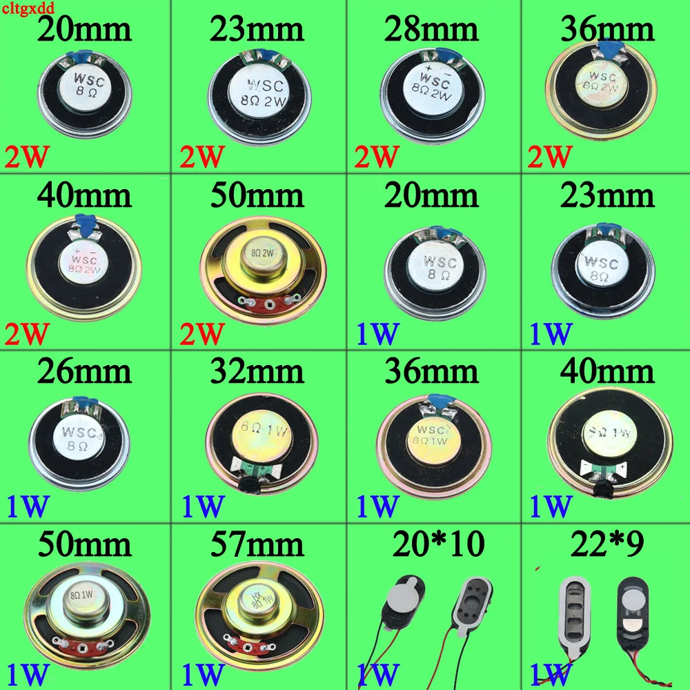 Cltgxdd 2 piezas 8 Ohm 2W 1W bocina 8R 20mm 23mm 26mm 28mm 32mm 36mm 40mm 50mm 57mm de diámetro espesor 5cm altavoz