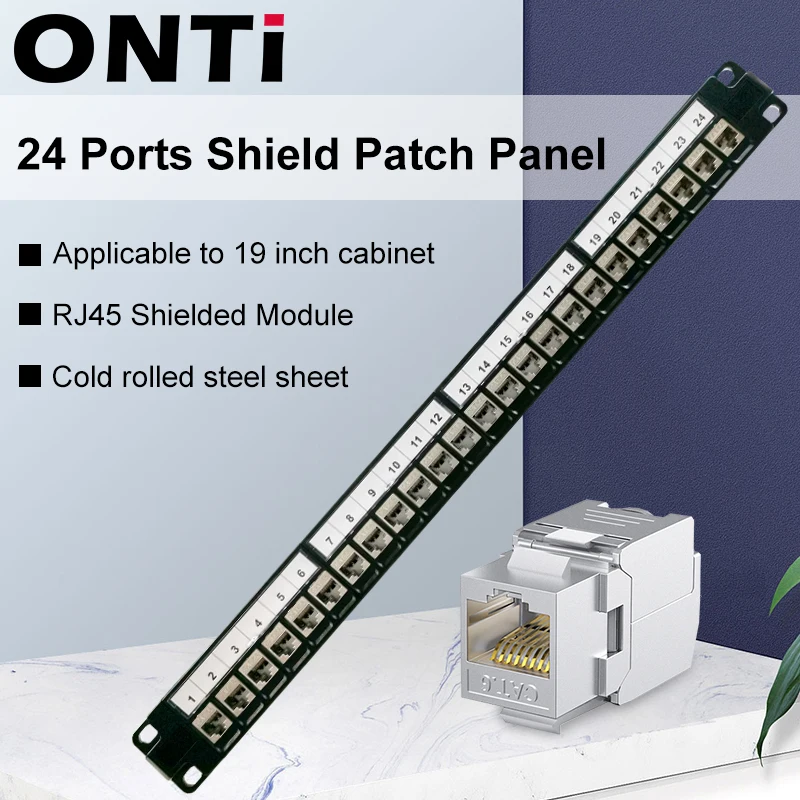 Panel de conexión de módulo blindado ONTi-24 Puerto 1U RJ45, montaje en rack de 19 ", montaje en pared, CAT5E, CAT6, CAT6A, CAT7, CAT8, STP Keystone Jack