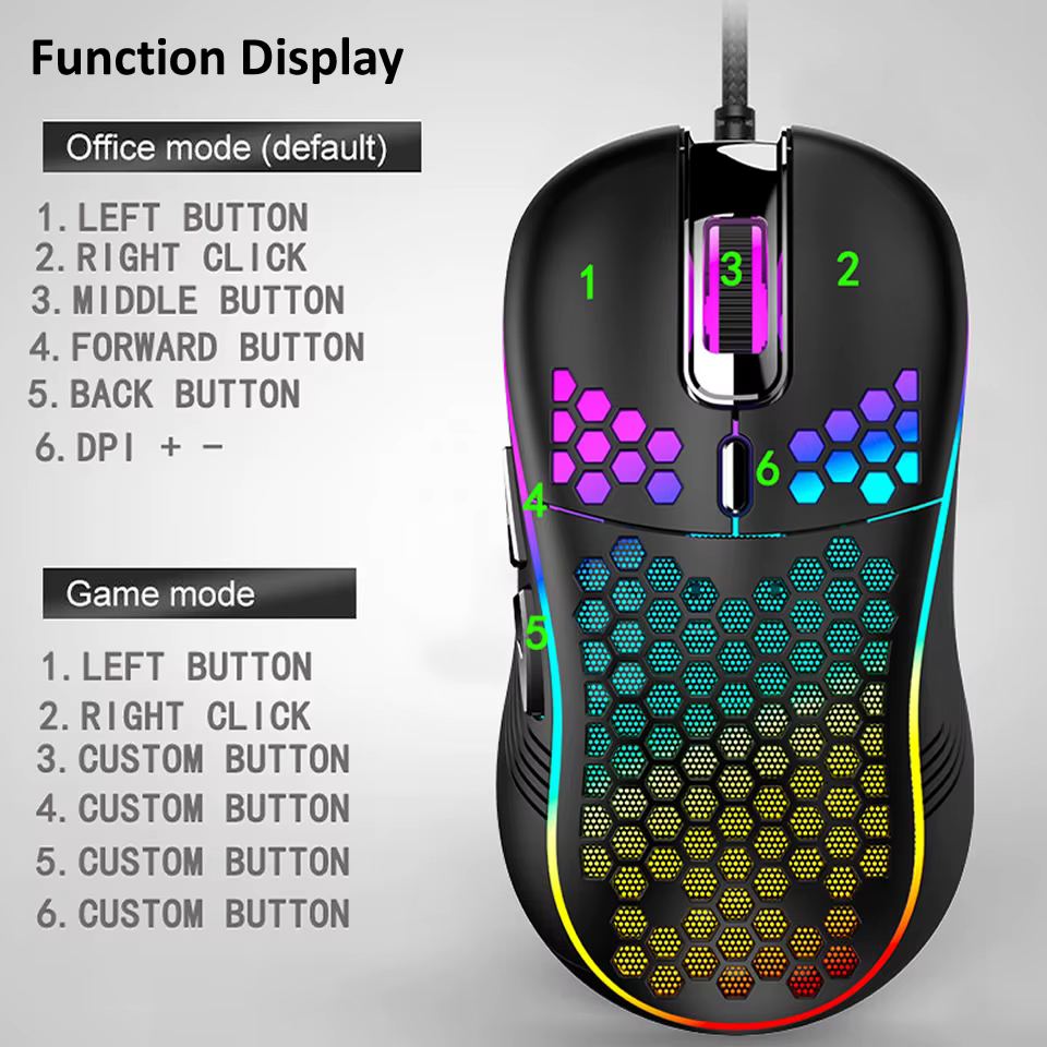 Ratón Gaming RGB Ergonómico Panal de Abeja 7200 DPI Cable Tejido