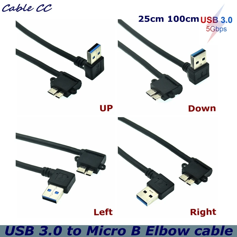 0 ° Cable Micro B de codo derecho de ángulo USB3.0 a Mi-cro B Adaptador de disco duro macho a macho USB 3,0 A macho a Micro 3,0 B macho