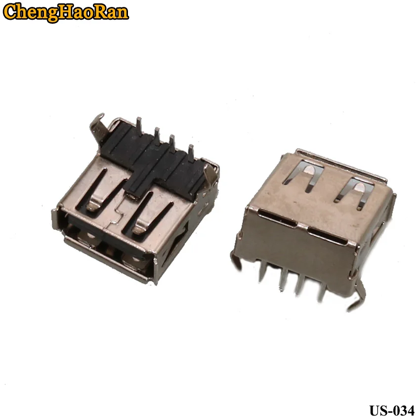 ChengHaoRan-Puerto de datos de 90 grados, engarzado hembra de goma negra, USB hembra, AF, Pin doblado Horizontal, tipo A, 2 unids/lote