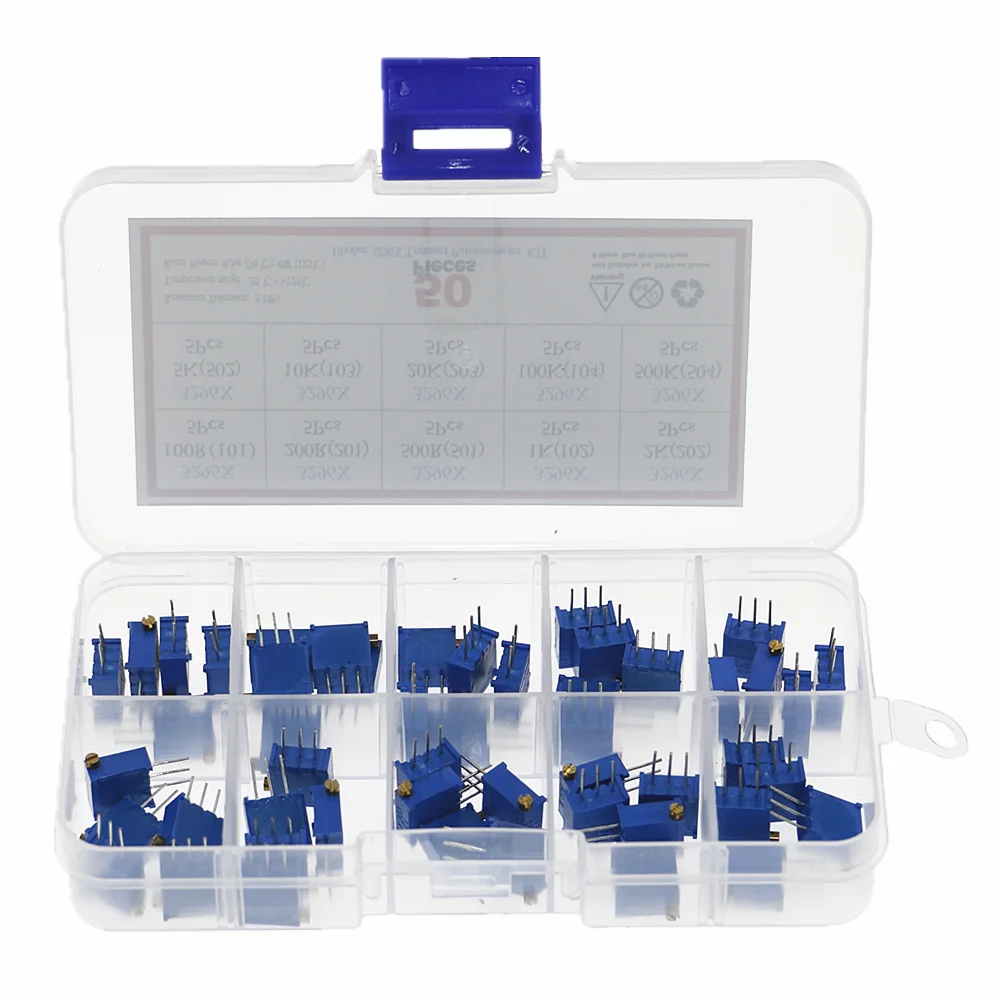 Resistencias variables con caja, potenciómetro de giro múltiple, 50 piezas, 3296X, series 100R, 500R, 1K, 2K, 5K, 10K, 20K, 50K, 100K, 500K - imagen 5