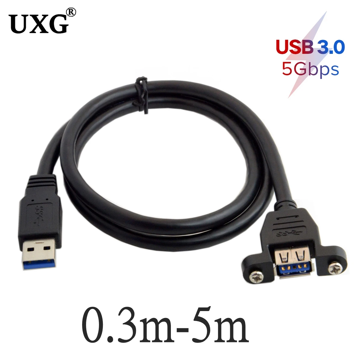 Cable de extensión USB 3,0 macho a hembra para ordenador, adaptador de conector de bloqueo de tornillo de montaje en Panel, negro, con tornillos