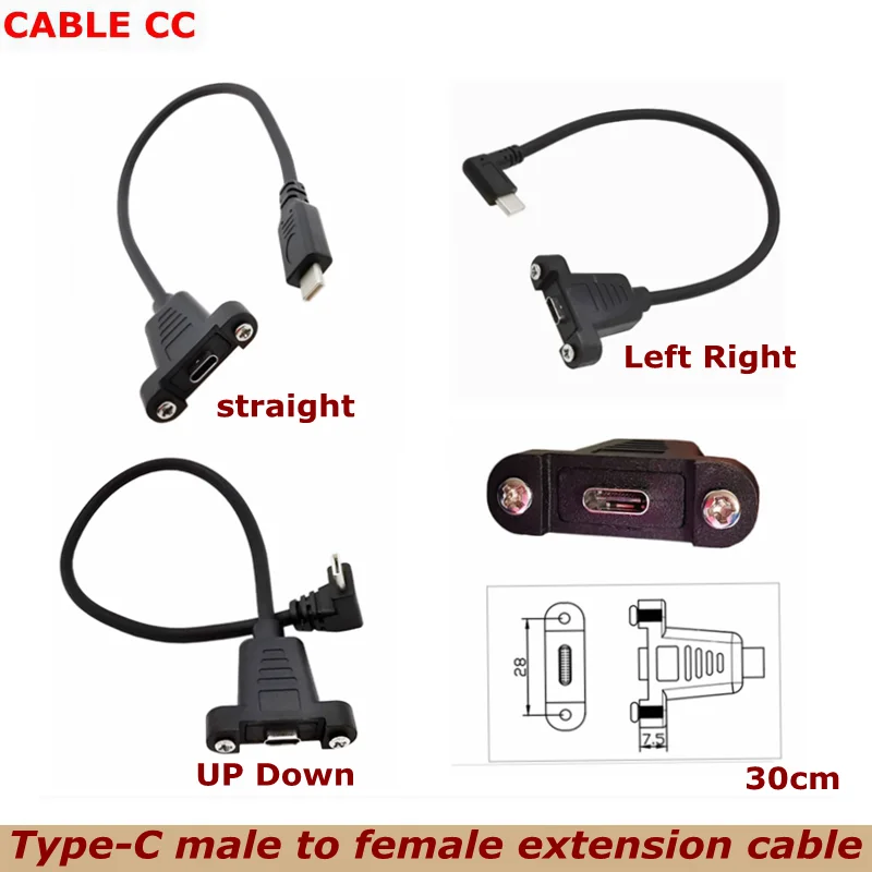 Cable de datos de extensión Usb 0,3 tipo C macho a hembra, cable de extensión de ángulo recto de 90 grados con agujero de tornillo de panel, 3,1 Mbps, 480m