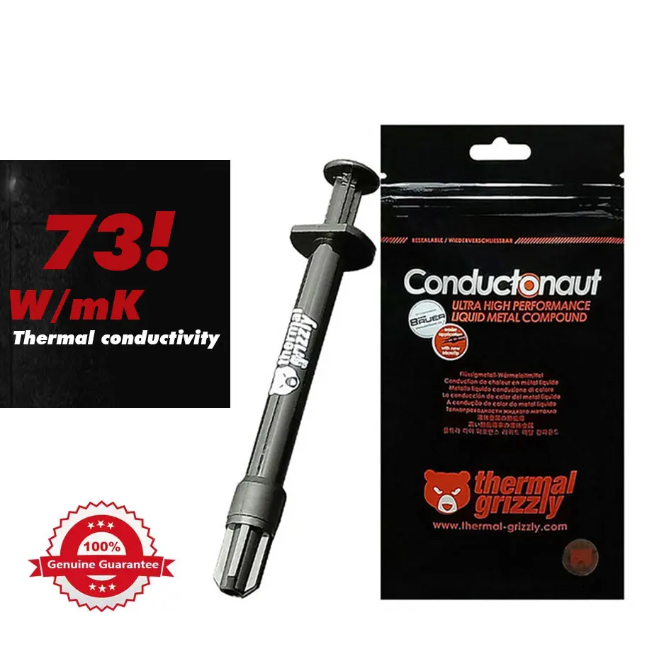 Grizzly Conductonaut-enfriador térmico para ordenador, procesador AMD Intel, Metal líquido dorado, 1g/5g, 73W/mk CPU/GPU