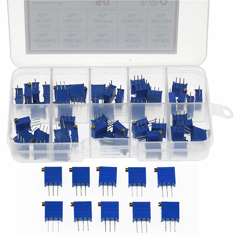Resistencias variables con caja, potenciómetro de giro múltiple, 50 piezas, 3296X, series 100R, 500R, 1K, 2K, 5K, 10K, 20K, 50K, 100K, 500K - imagen 3
