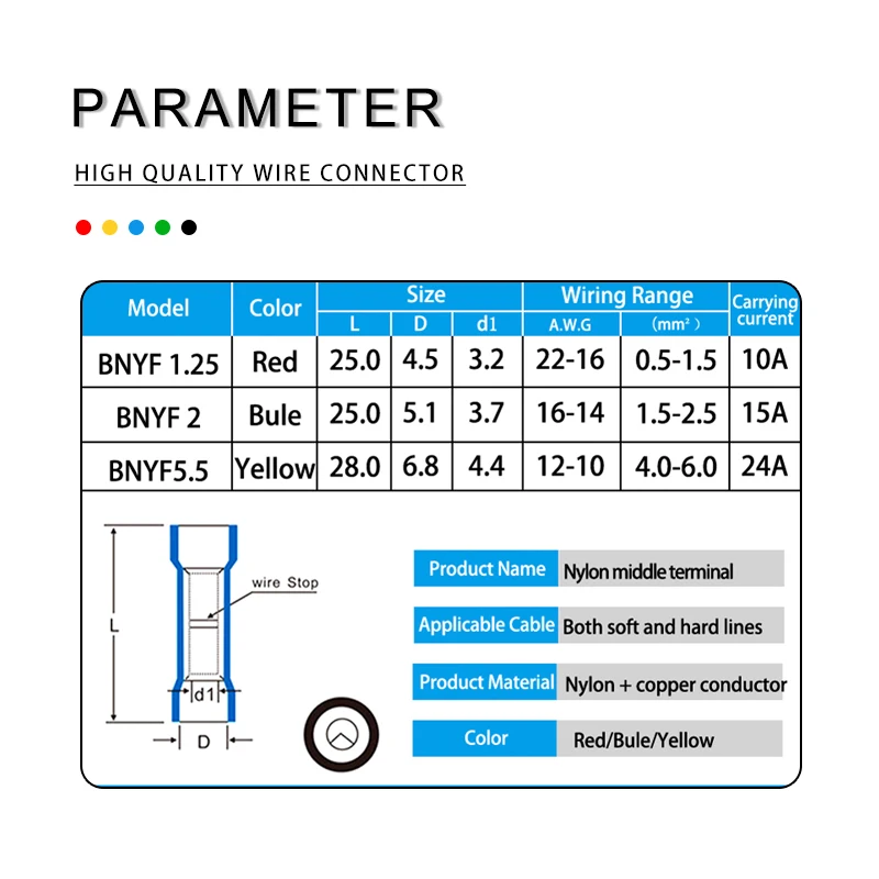 50 Uds. Conector de Cable recto aislado de nailon BNYF Terminal de Cable eléctrico a tope Kit de terminales de cableado de Conductor de cobre - imagen 3