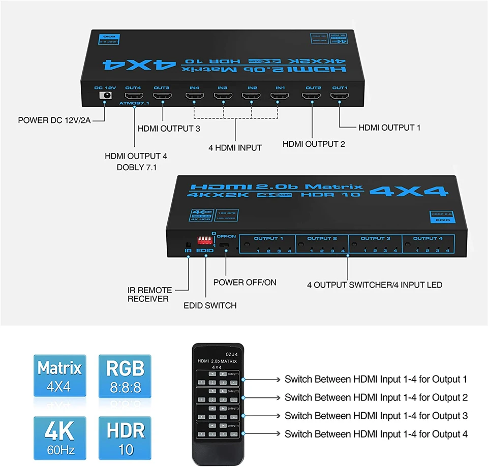 Conmutador Matrix HDMI 4x4 – SPDIF y Audio 3,5mm 4K 60Hz HDR - imagen 3