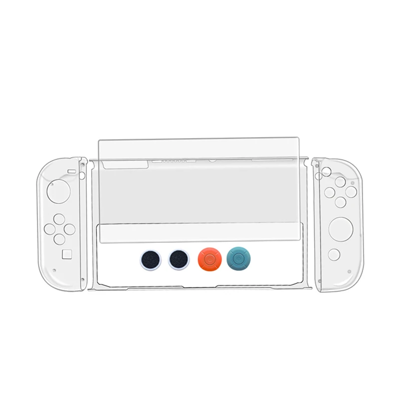 Conjunto de carcasa de cristal 8 en 1 para Switch OLED, película templada 9H, Stick Thumb, tapas para Joycon, cubierta protectora