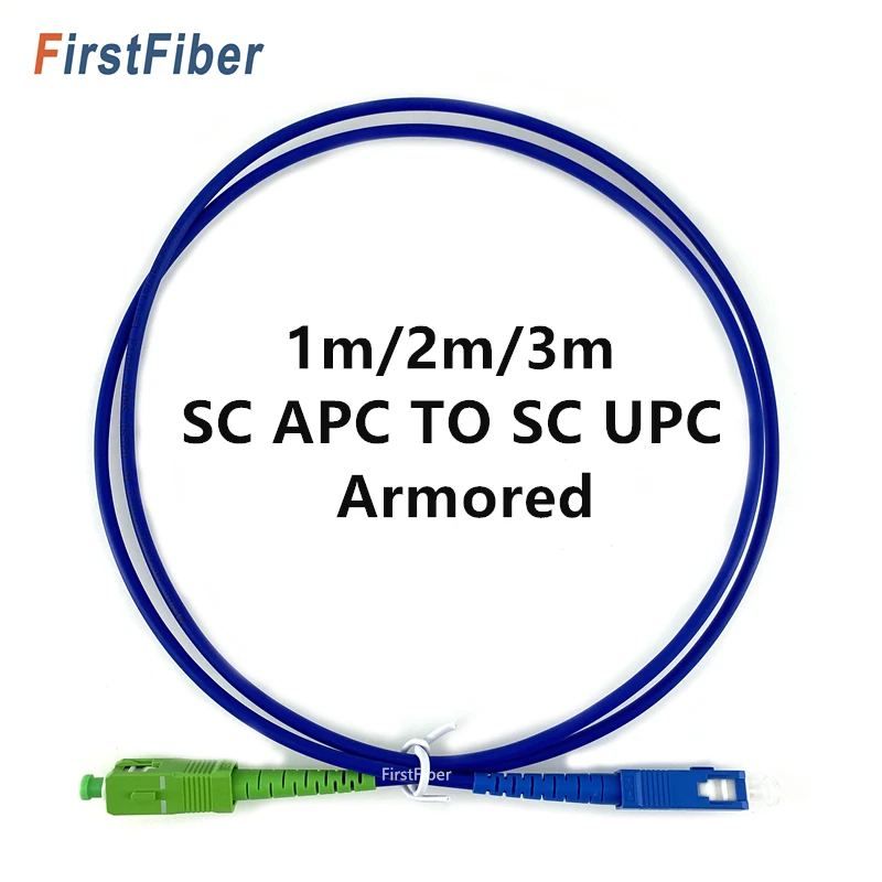 Cable de parche blindado SC APC a SC UPC, Cable de parche de fibra azul SC, puente óptico Simplex, PVC de modo único, 1m