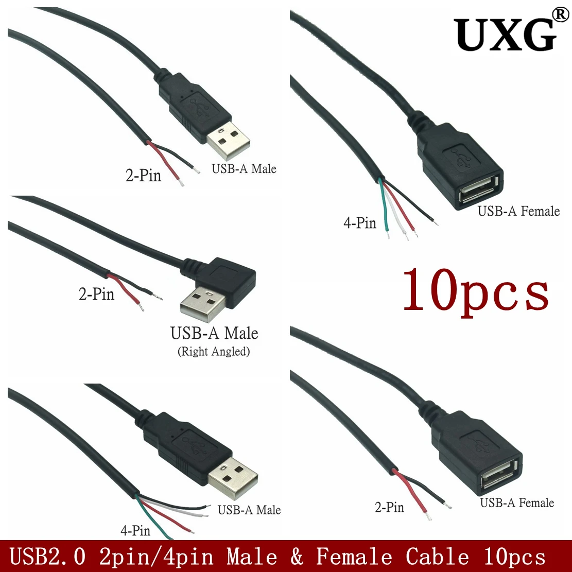Cable de alimentación de 0,3 m/1m/2m, 2 pines USB 2,0 A hembra macho, conector de Cable de 4 pines, Cable de carga, conector de extensión DIY, línea de 5V