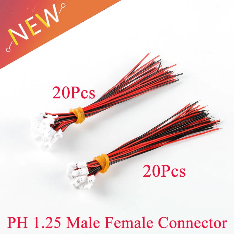 Conector de enchufe Micro JST PH 1,25, 2 pines, macho, hembra, con Cables de 100mm, 28AWG, 20 pares