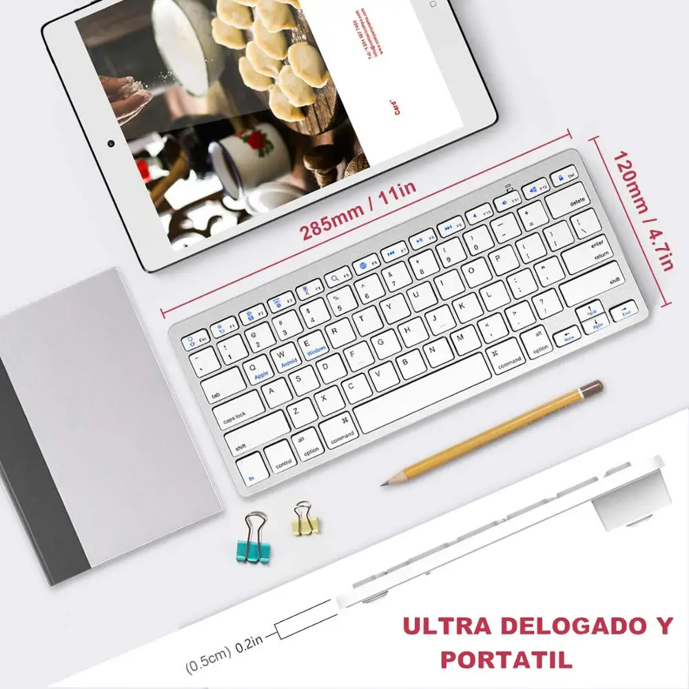 Teclado Bluetooth ultradelgado, teclado inalámbrico compacto, teclado ligero de bajo ruido para ios, windows y android