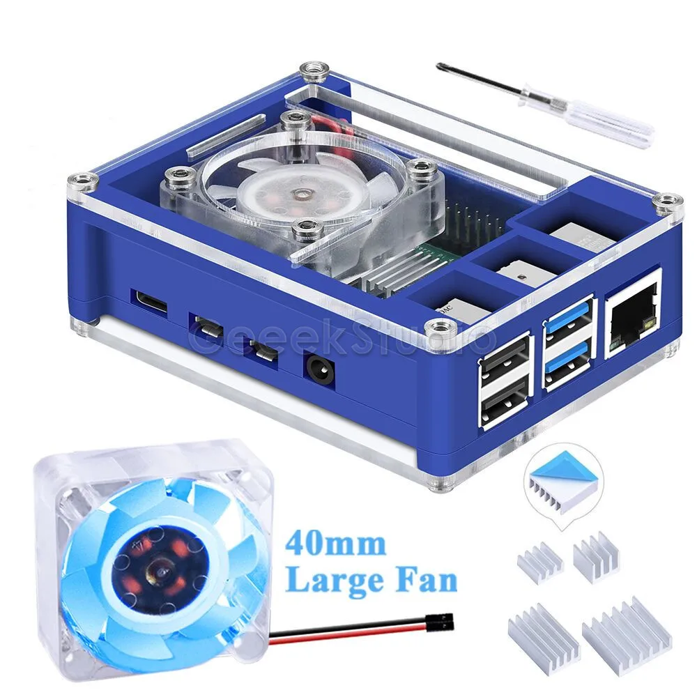 Caja de cierre transparente y azul de plástico ABS con ventilador de refrigeración grande, disipador de calor de 40*40*10mm para Raspberry Pi 4 B