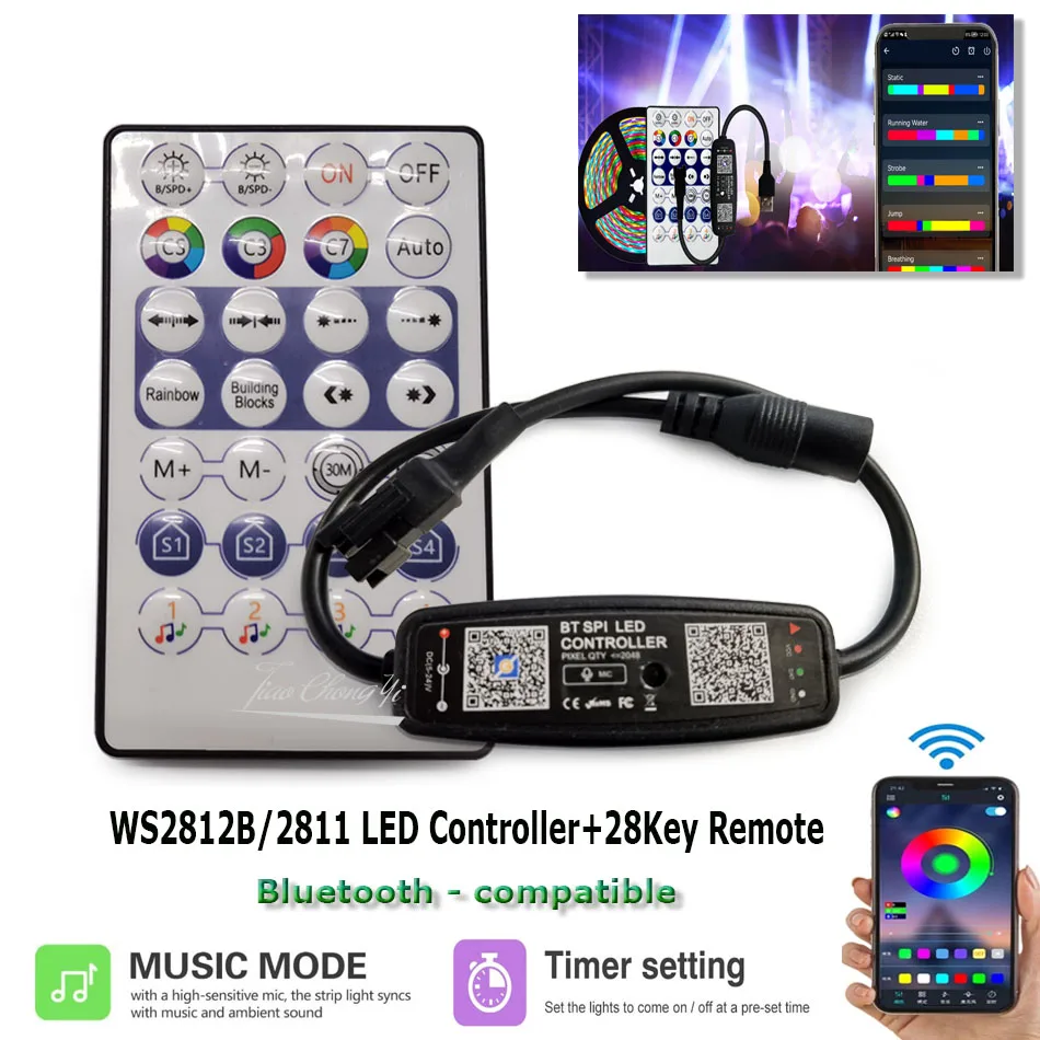 Controlador LED WS2812B, música compatible con Bluetooth para SK6812 WS2811 WS2812, tira de luces LED de píxeles, aplicación de 28 teclas, DC5-24V remoto