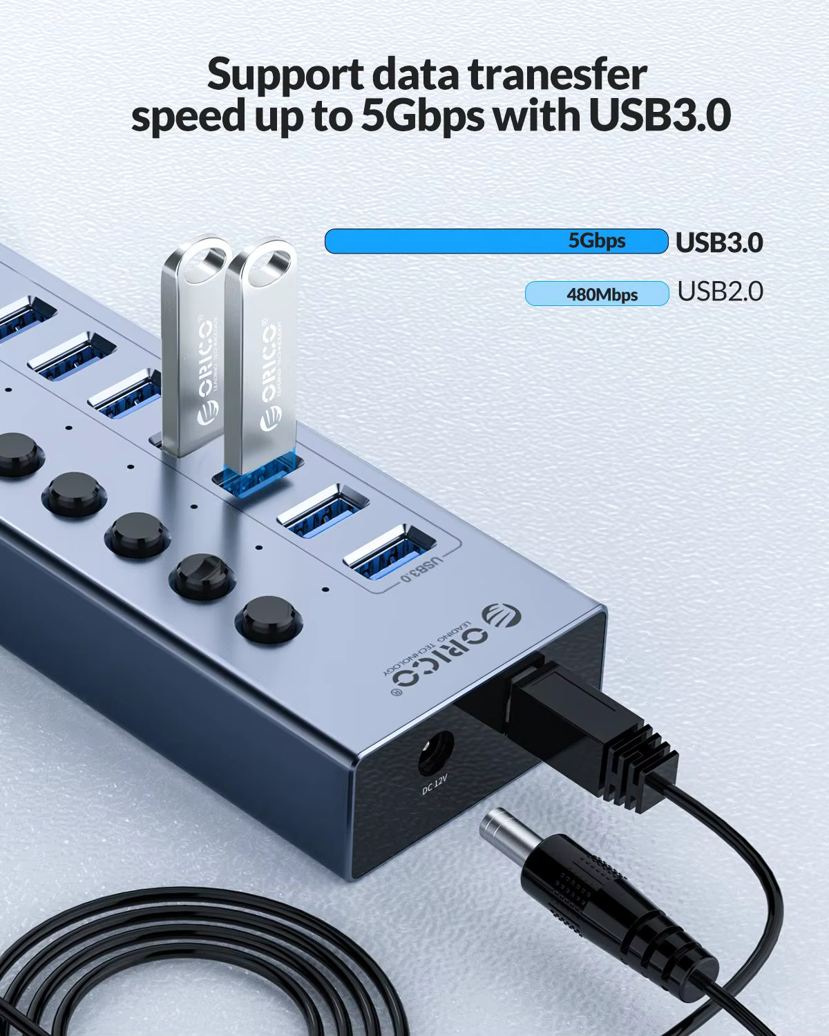 ORICO Hub USB 3.0 MultPuerto Interruptor Adaptador 12V BC1.2 - imagen 5