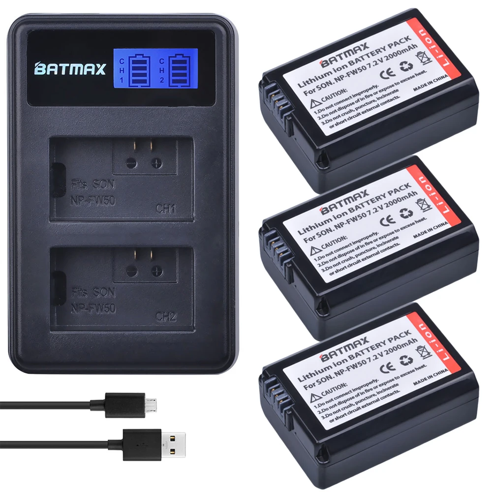 Batmax 2000mAh NP-FW50 NPFW50 batería + cargador USB Dual LCD para Sony NEX-7 NEX-5N NEX-5R NEX-F3 NEX-3D Alpha a5000 a6000 ZV-E10