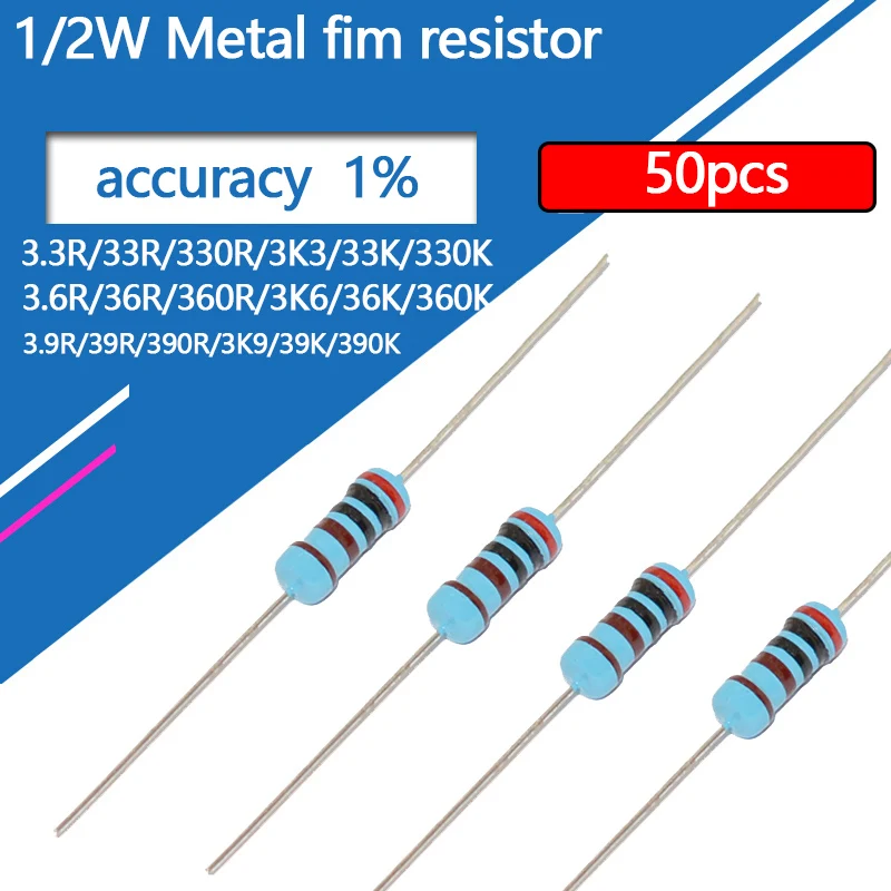 50 Uds 1/2W resistencia de película metálica 3,3 3,6 3,9 33 36 39 330 360 390 R K Ohm 1% 0,5 W anillo de cinco colores 3K3 3K6 3K9 resistencia 3R3 3R9