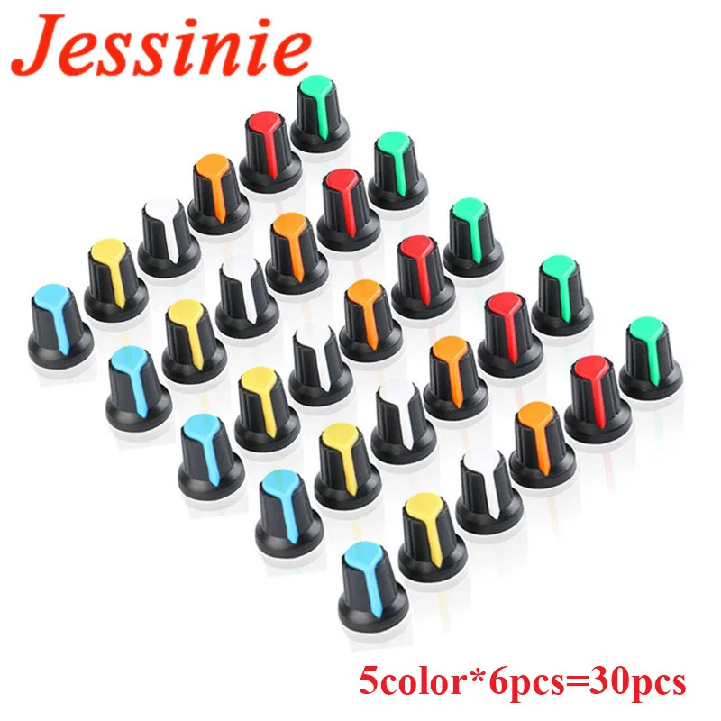 Kit de perilla de potenciómetro WH148, tapa de perillas de plástico, orificio de eje de 6mm, AG2, amarillo, naranja, azul, blanco, rojo, 5 valores x 6 piezas = 30 piezas, 30 piezas por lote