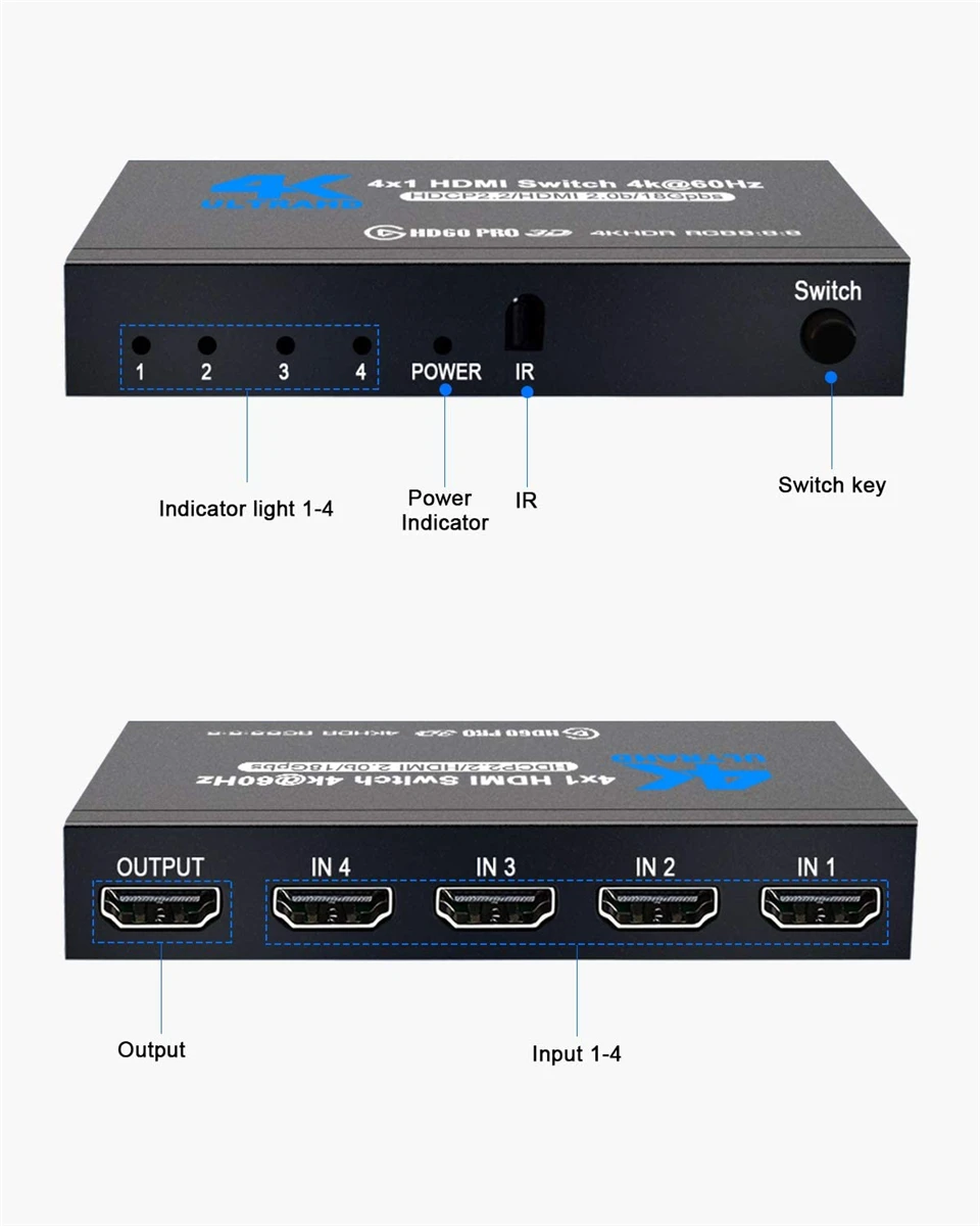 2023 el mejor conmutador HDMI 4K 2,0 compatible con RGB 4:4:4 HDR HDMI conmutador 4K 60Hz HDMI 2,0 interruptor remoto IR UHD 4 puertos HDMI conmutador - imagen 5