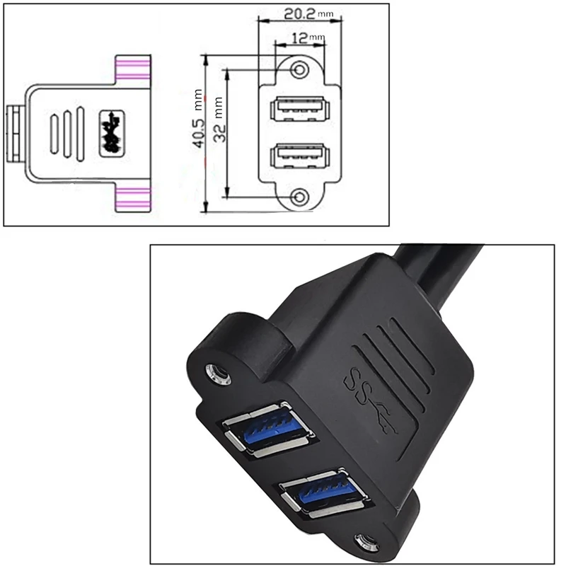 Un cable USB negro con un conector azul