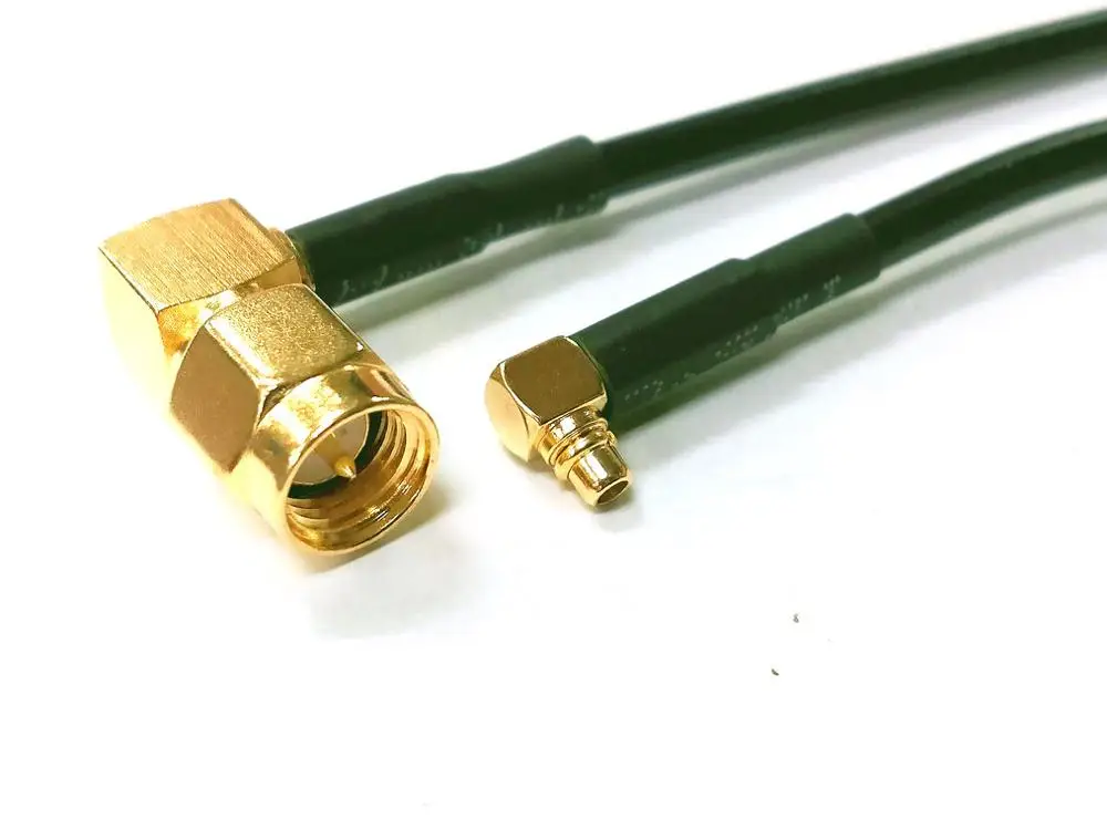 100 piezas SMA macho de ángulo recto a MMCX macho, cable adaptador de conector RF de ángulo recto RG174