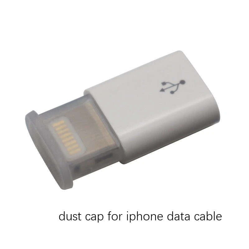 Un cable de datos de iPhone blanco con una tapa de polvo