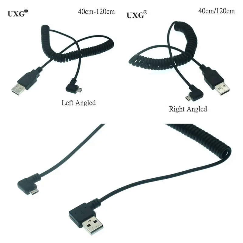 Micro Usb macho en ángulo recto de 90 grados a Usb macho, resorte en ángulo izquierdo/derecho, Cable elástico retráctil, sincronización de carga de datos, 100cm - imagen 2