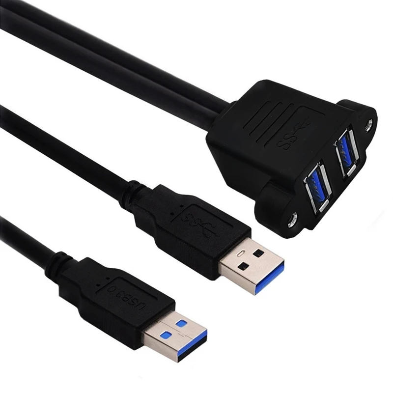 Un cable USB negro con un conector azul