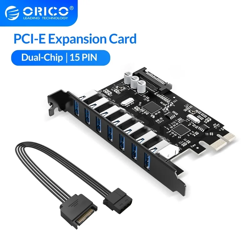 ORICO-Adaptador de tarjeta Express PCI-E Super Speed, 7 puertos USB 3,0, PCI-E, concentrador USB 3,0 con conector de alimentación SATA de 15 Pines, PCIE adaptable para pc