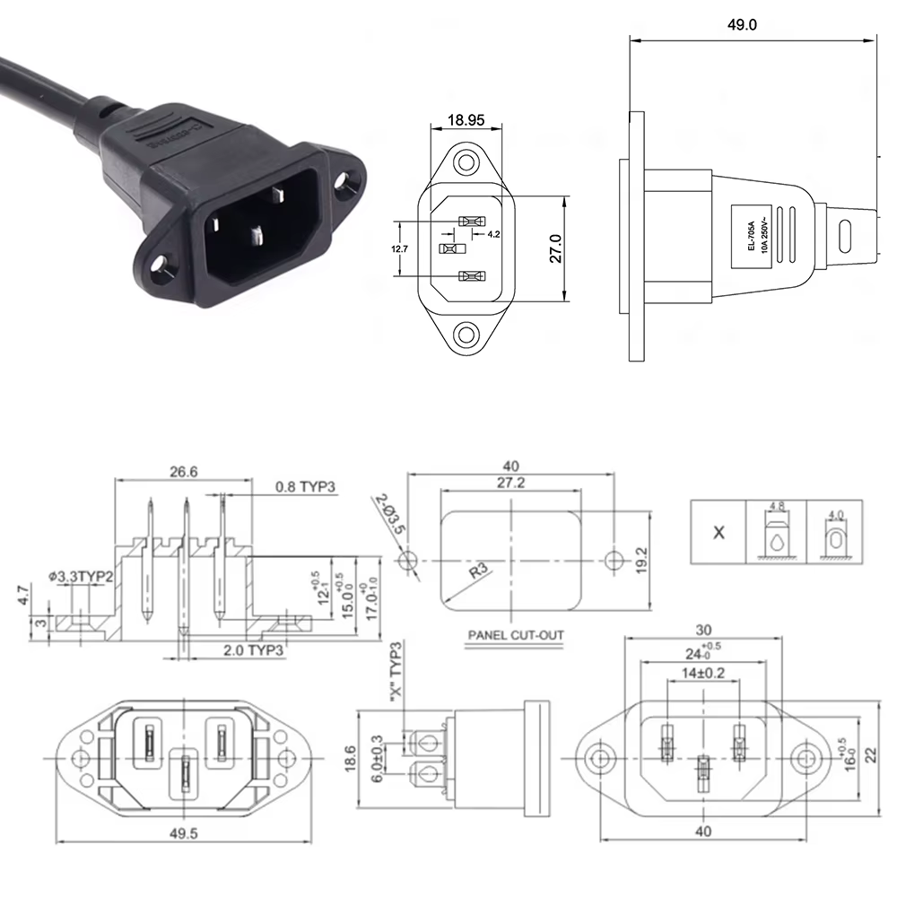 Detalle de las conexiones C13 y C14 del cable de alimentación