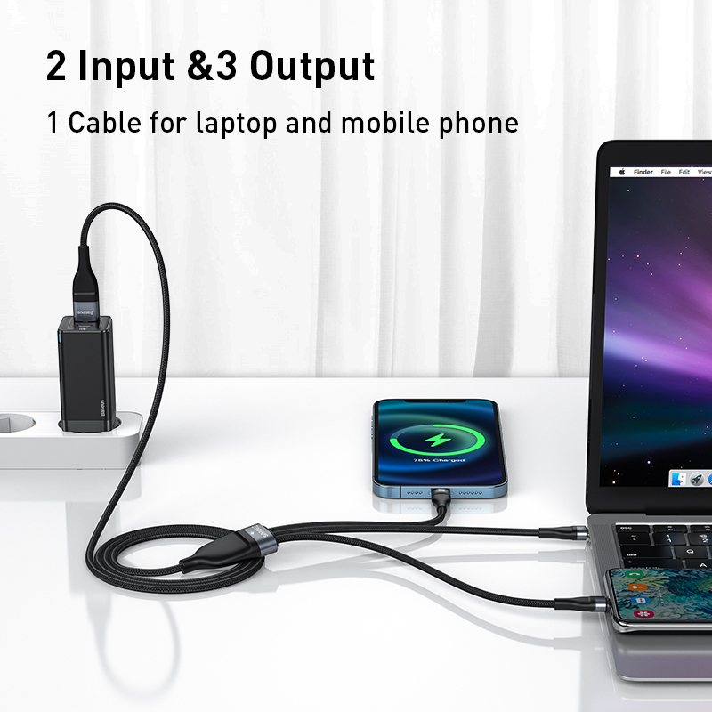 Cable Baseus 3 en 1 USB-C Lightning Micro USB Carga Rápida 100W - imagen 4