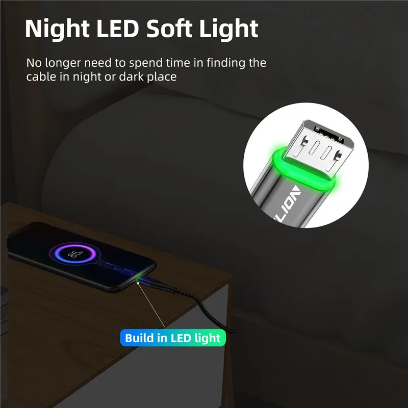 USLION-Cable Micro USB de carga rápida para Samsung, Xiaomi y Android, Cable de transferencia de datos LED 3A - imagen 4