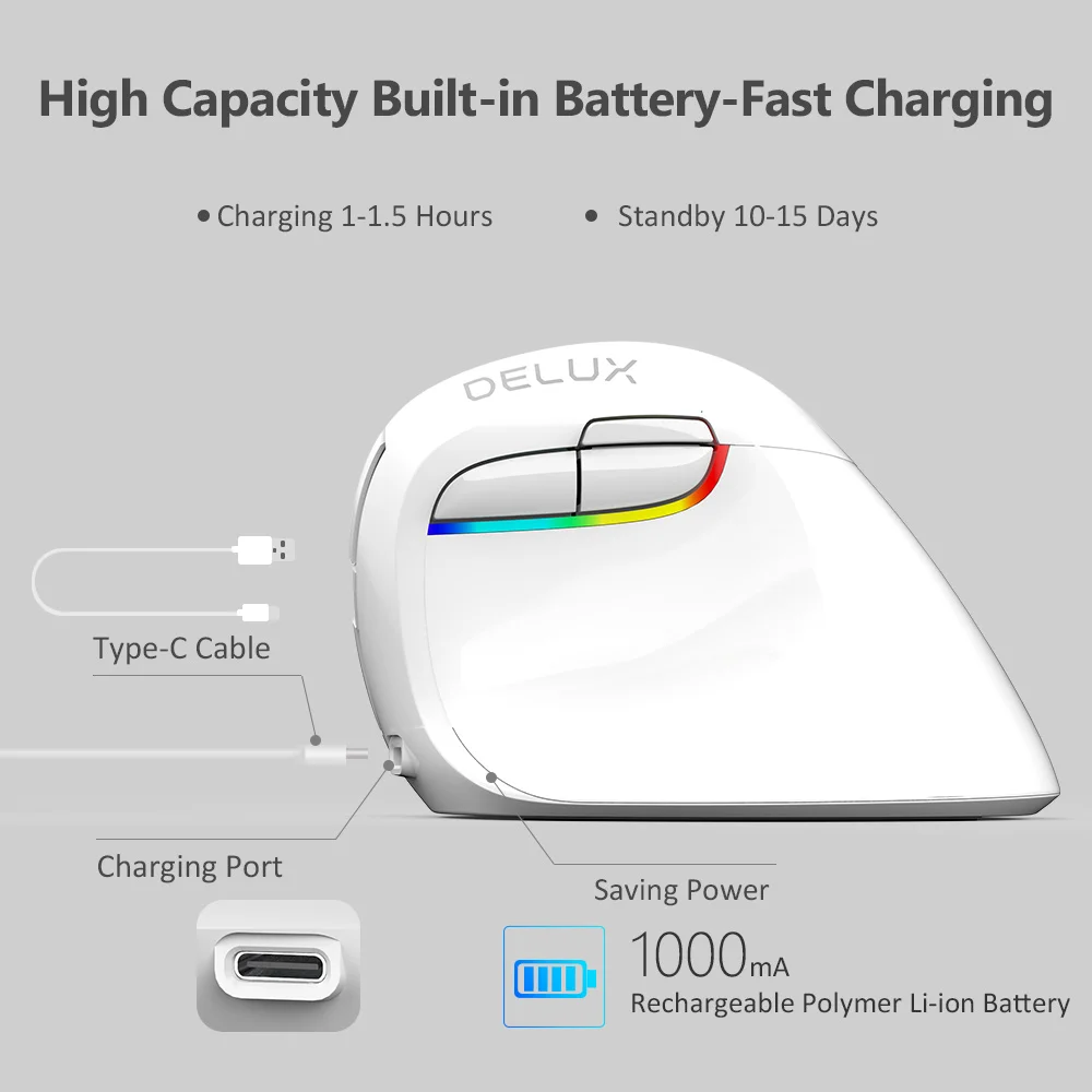 Delux-ratón inalámbrico Vertical M618 Mini para oficina, periférico silencioso recargable con Bluetooth, RGB, 2,4 GHz, color blanco - imagen 3