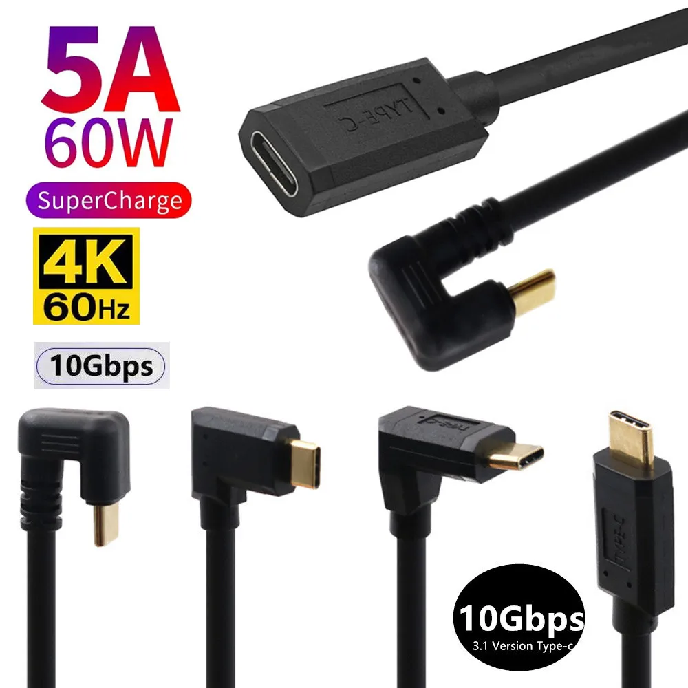 Cable USB 3.1C a C, Cable de datos de carga tipo C, codo en forma de U, Cable de 0,3 grados para portátil, tableta y teléfono móvil, 180 M, 10gbps, 5A